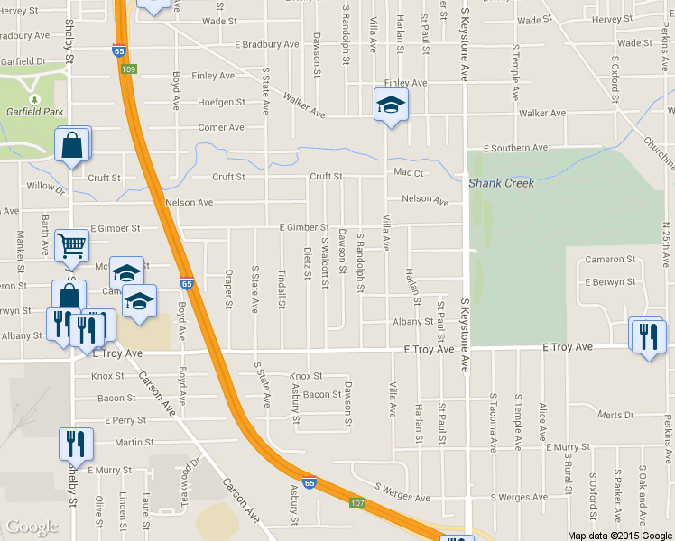 map of restaurants, bars, coffee shops, grocery stores, and more near 2826 Dawson Street in Indianapolis