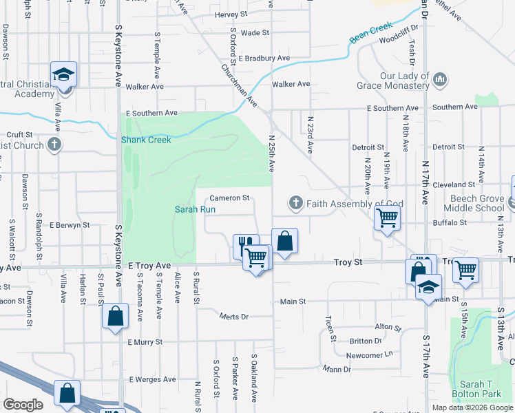 map of restaurants, bars, coffee shops, grocery stores, and more near 2833 South Oakland Avenue in Indianapolis