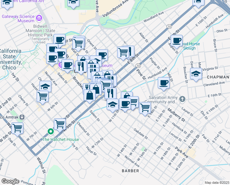 map of restaurants, bars, coffee shops, grocery stores, and more near 266 Humboldt Avenue in Chico
