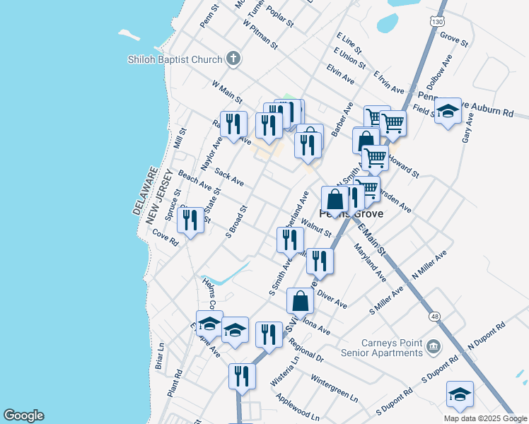 map of restaurants, bars, coffee shops, grocery stores, and more near 111 Tyrone Avenue in Penns Grove