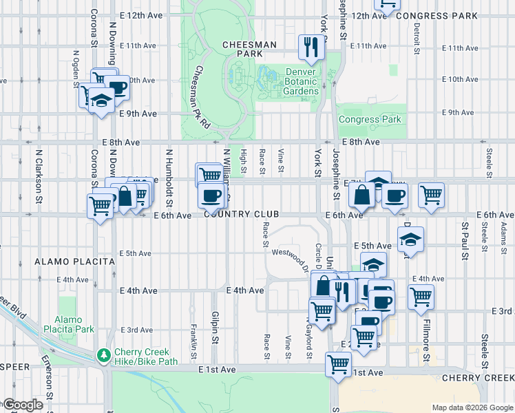 map of restaurants, bars, coffee shops, grocery stores, and more near 621 Race Street in Denver