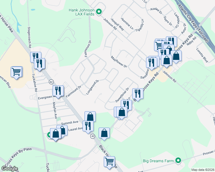 map of restaurants, bars, coffee shops, grocery stores, and more near 92 Longwood Drive in Sicklerville
