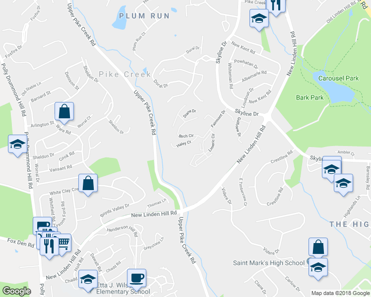 map of restaurants, bars, coffee shops, grocery stores, and more near 3711 Birch Circle in Wilmington