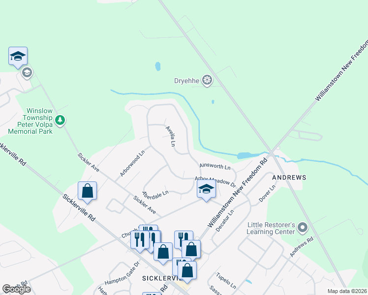map of restaurants, bars, coffee shops, grocery stores, and more near 134 Arbor Meadow Drive in Winslow Township