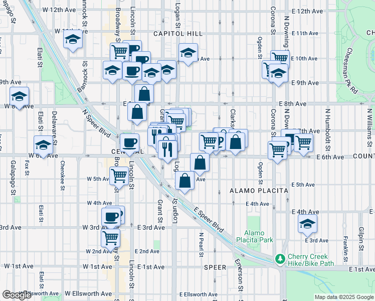 map of restaurants, bars, coffee shops, grocery stores, and more near 625 Pennsylvania Street in Denver