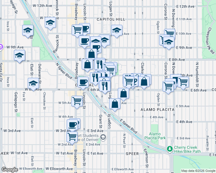 map of restaurants, bars, coffee shops, grocery stores, and more near in Denver