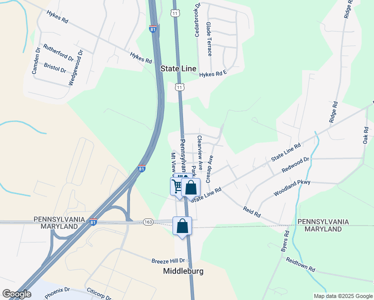 map of restaurants, bars, coffee shops, grocery stores, and more near 15485 Park Drive in Greencastle