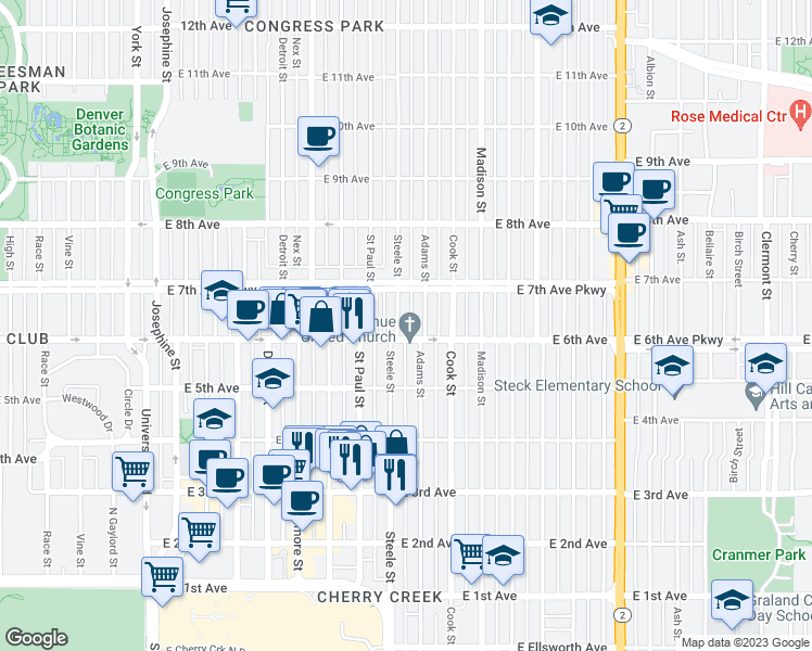 map of restaurants, bars, coffee shops, grocery stores, and more near 620 Steele Street in Denver