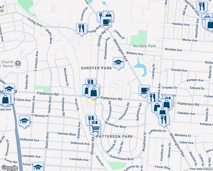 map of restaurants, bars, coffee shops, grocery stores, and more near 607 Roy Avenue in Dayton