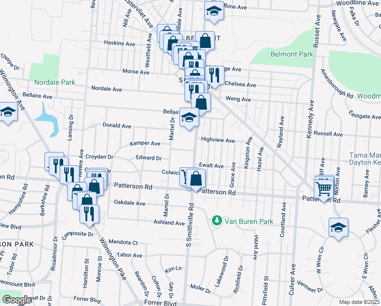 map of restaurants, bars, coffee shops, grocery stores, and more near 1328 Kemper Avenue in Dayton