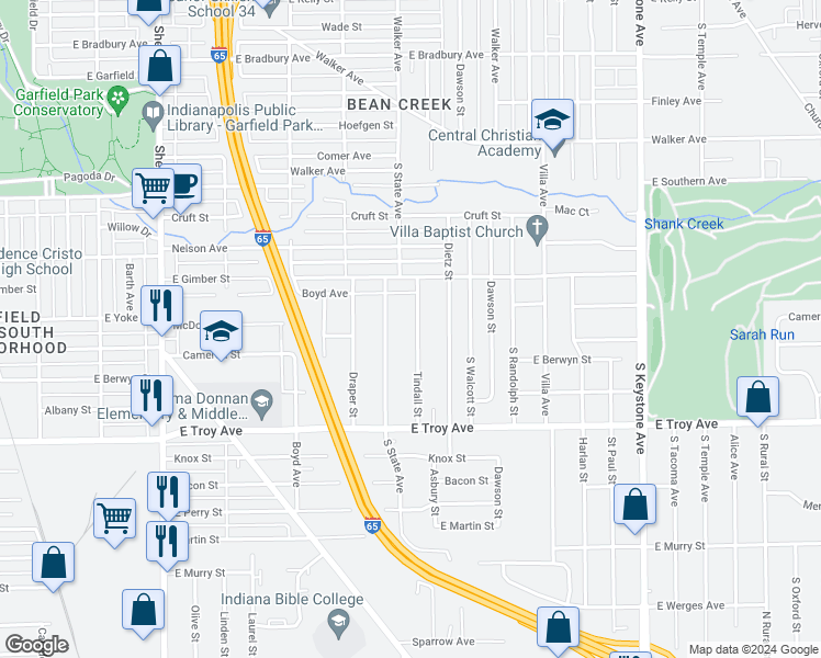 map of restaurants, bars, coffee shops, grocery stores, and more near 2838 Tindall Street in Indianapolis