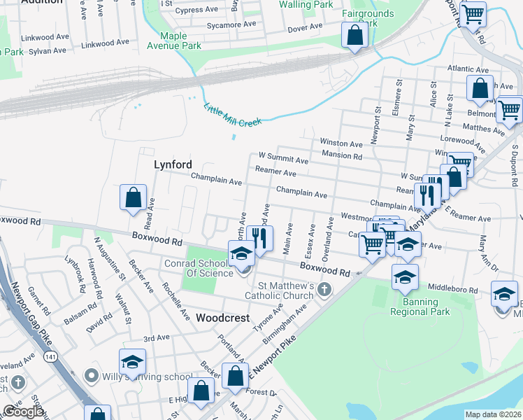 map of restaurants, bars, coffee shops, grocery stores, and more near 33 Boxwood Avenue in Wilmington