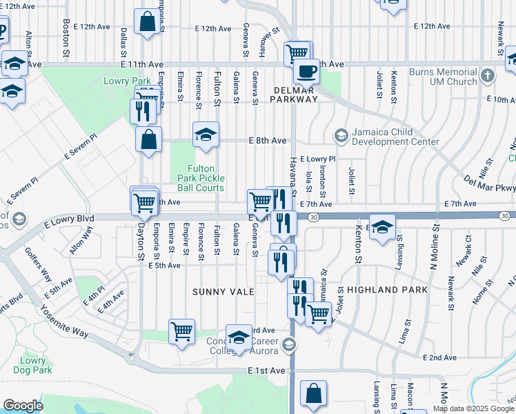 map of restaurants, bars, coffee shops, grocery stores, and more near 10300 East 7th Avenue in Aurora