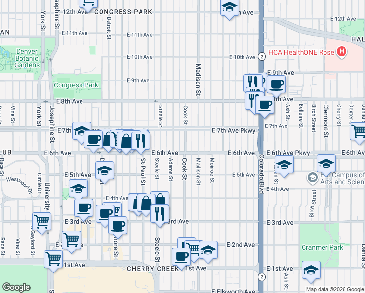 map of restaurants, bars, coffee shops, grocery stores, and more near 619 Cook Street in Denver