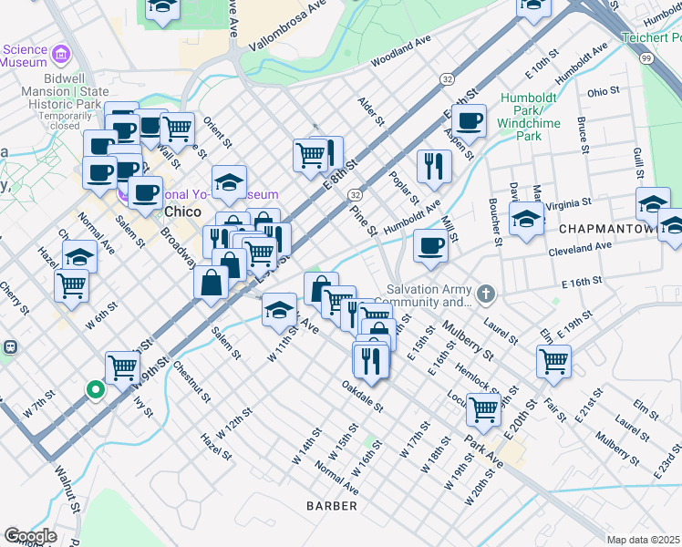 map of restaurants, bars, coffee shops, grocery stores, and more near 1095 Nelson Street in Chico