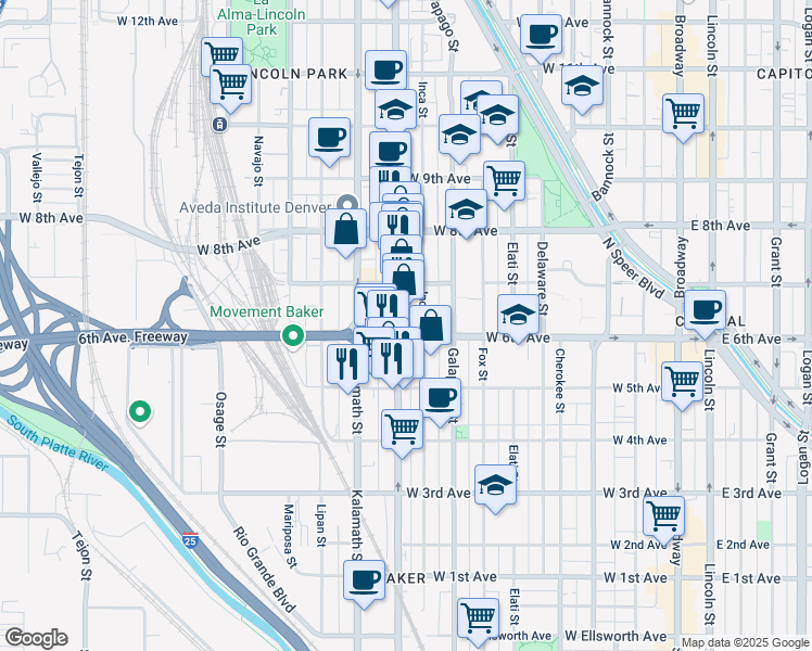 map of restaurants, bars, coffee shops, grocery stores, and more near 620 Santa Fe Drive in Denver