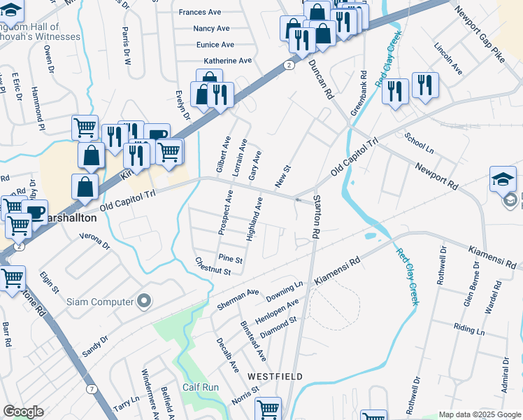 map of restaurants, bars, coffee shops, grocery stores, and more near 1107 Highland Avenue in Wilmington