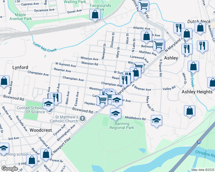 map of restaurants, bars, coffee shops, grocery stores, and more near 24 Champlain Avenue in Wilmington