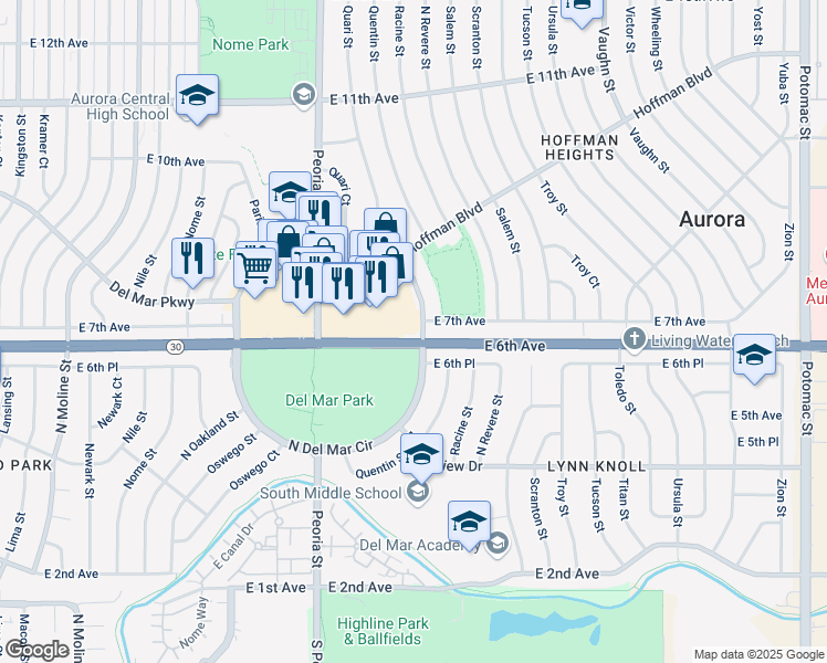 map of restaurants, bars, coffee shops, grocery stores, and more near East 6th Avenue in Aurora