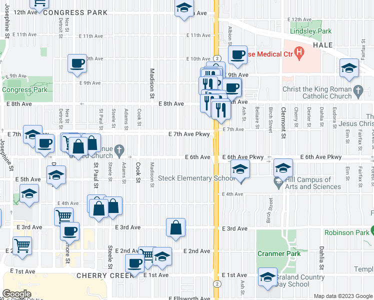 map of restaurants, bars, coffee shops, grocery stores, and more near 619 Jackson Street in Denver