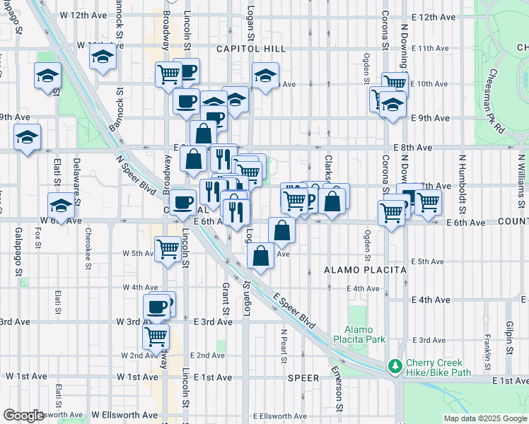 map of restaurants, bars, coffee shops, grocery stores, and more near in Denver
