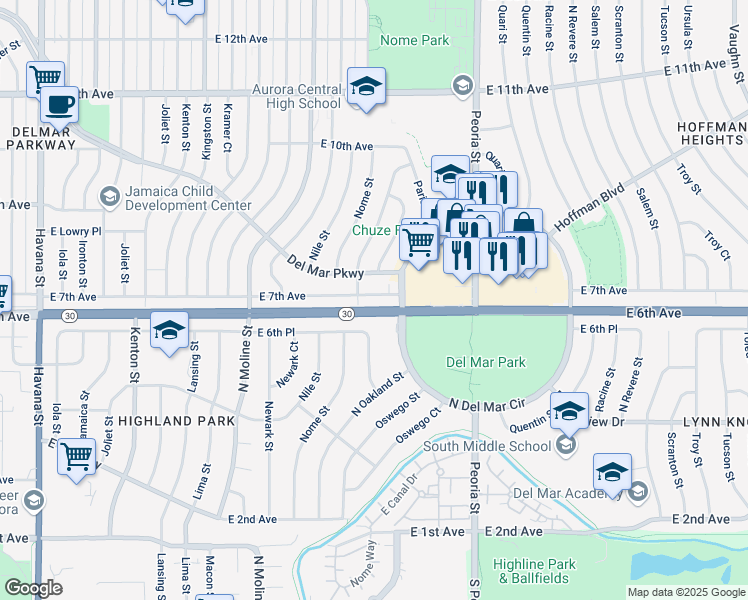 map of restaurants, bars, coffee shops, grocery stores, and more near 11896 East 7th Avenue in Aurora