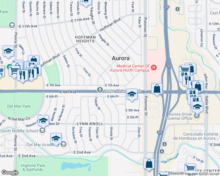map of restaurants, bars, coffee shops, grocery stores, and more near 13460 East 7th Avenue in Aurora