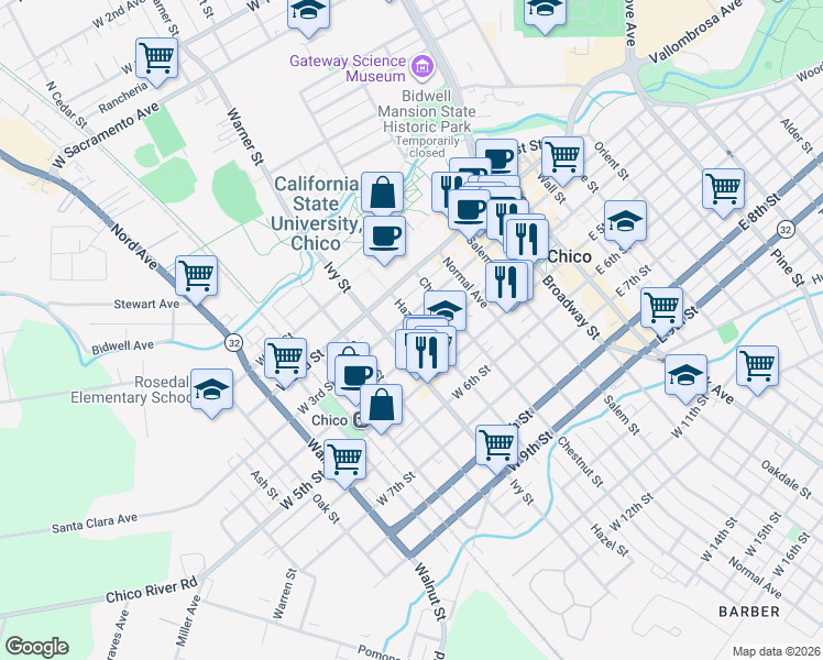 map of restaurants, bars, coffee shops, grocery stores, and more near 346 Hazel Street in Chico