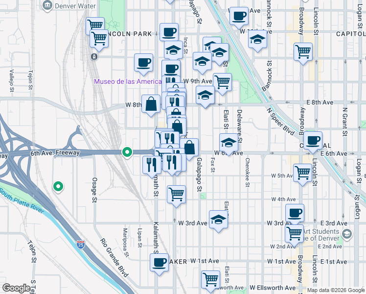 map of restaurants, bars, coffee shops, grocery stores, and more near in Denver