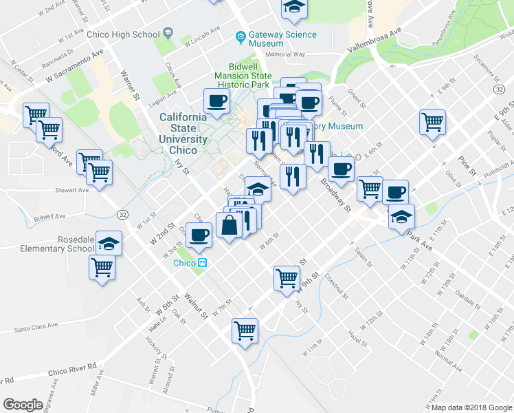 map of restaurants, bars, coffee shops, grocery stores, and more near 416 Chestnut Street in Chico