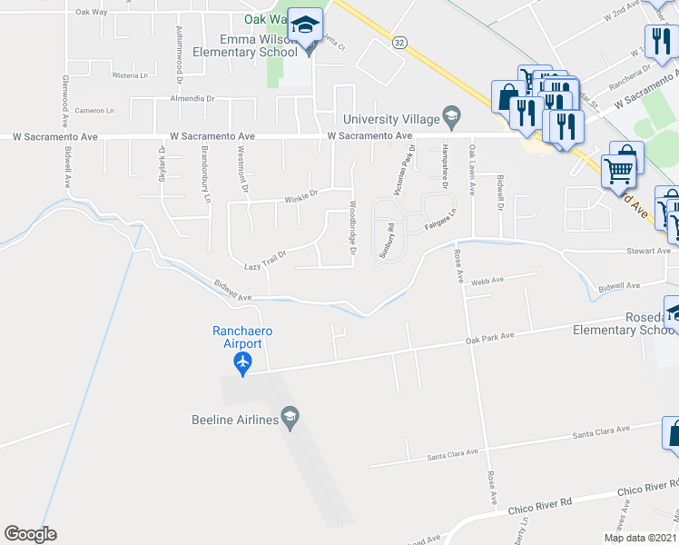 map of restaurants, bars, coffee shops, grocery stores, and more near 1427 Creekhaven Place in Chico