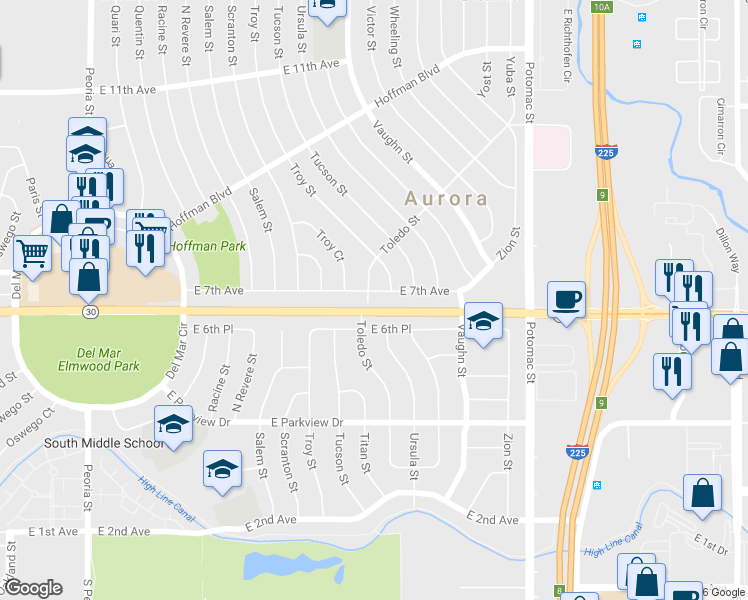 map of restaurants, bars, coffee shops, grocery stores, and more near 13300 East 7th Avenue in Aurora