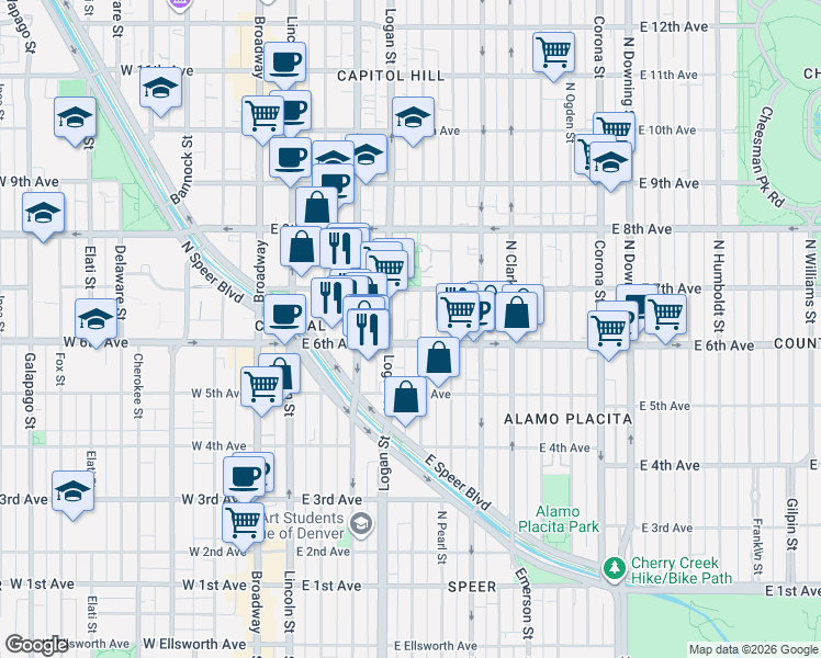 map of restaurants, bars, coffee shops, grocery stores, and more near in Denver