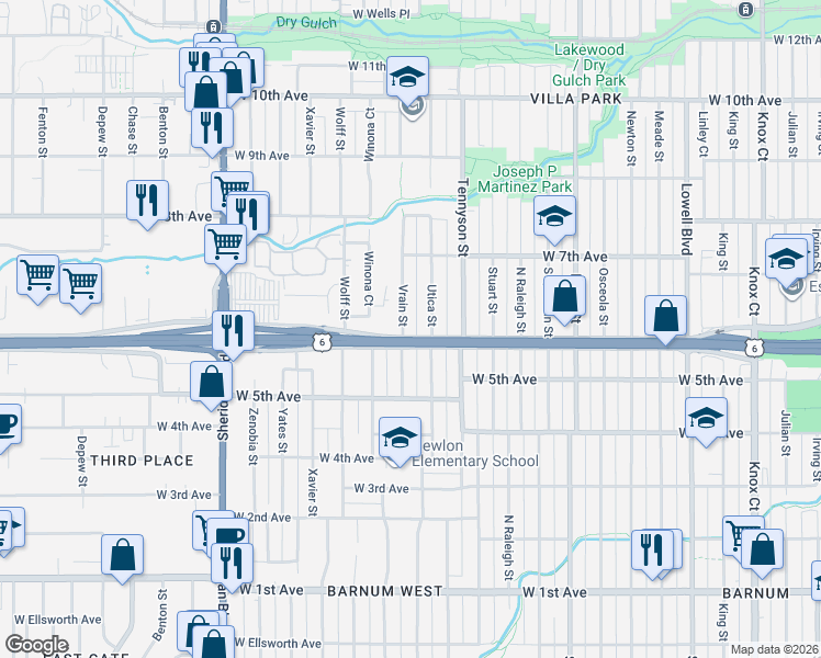 map of restaurants, bars, coffee shops, grocery stores, and more near 611 Vrain Street in Denver