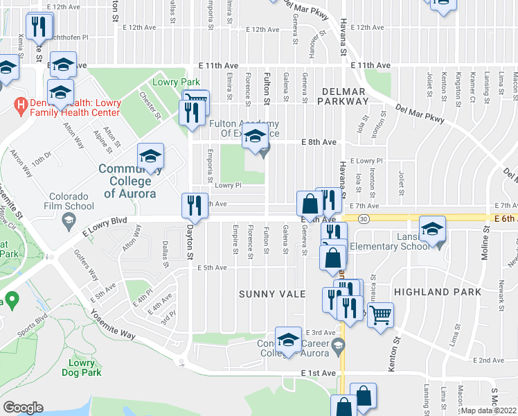 map of restaurants, bars, coffee shops, grocery stores, and more near 10064 East 7th Avenue in Aurora