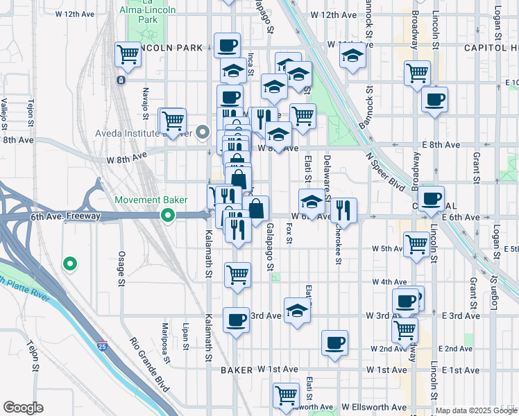 map of restaurants, bars, coffee shops, grocery stores, and more near 616 Inca Street in Denver