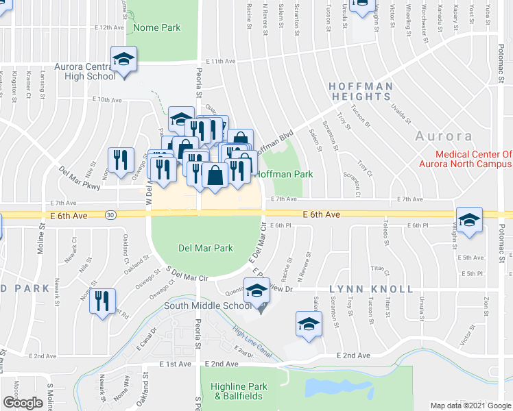 map of restaurants, bars, coffee shops, grocery stores, and more near 154 E Del Mar Circle in Aurora