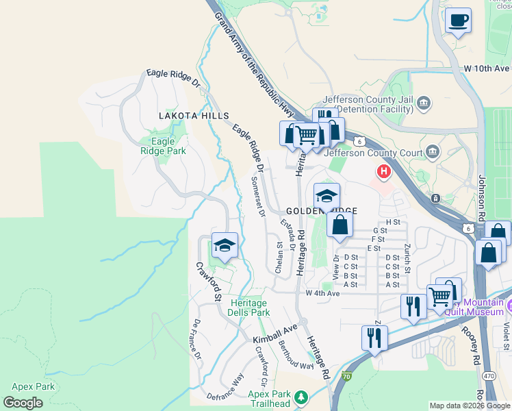 map of restaurants, bars, coffee shops, grocery stores, and more near 621 Somerset Drive in Golden