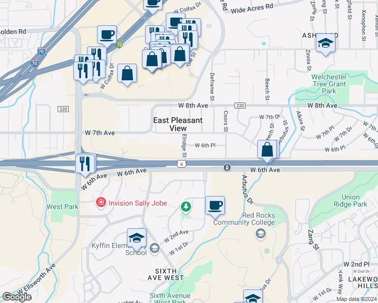 map of restaurants, bars, coffee shops, grocery stores, and more near 624 Elridge Street in Golden