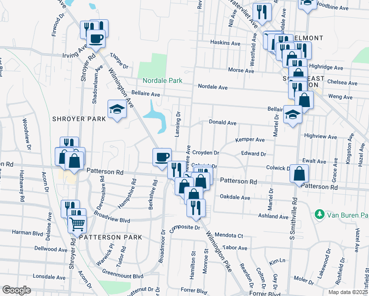 map of restaurants, bars, coffee shops, grocery stores, and more near 963 Croyden Drive in Dayton