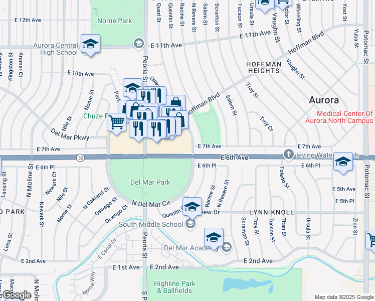 map of restaurants, bars, coffee shops, grocery stores, and more near 154 E Del Mar Circle in Aurora