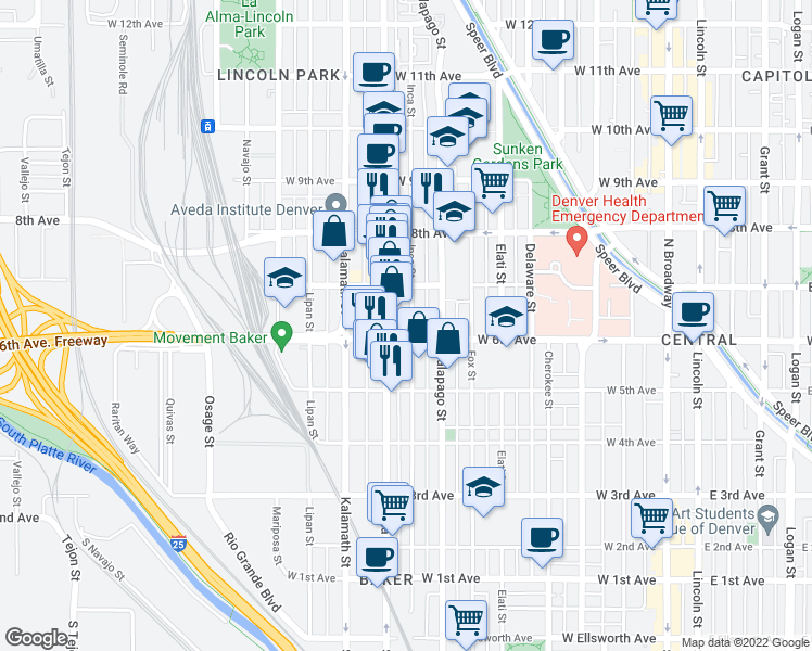 map of restaurants, bars, coffee shops, grocery stores, and more near 620 Santa Fe Drive in Denver