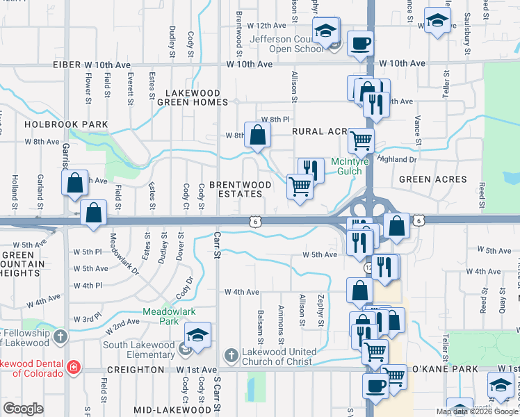 map of restaurants, bars, coffee shops, grocery stores, and more near 8149 West 6th Avenue in Lakewood