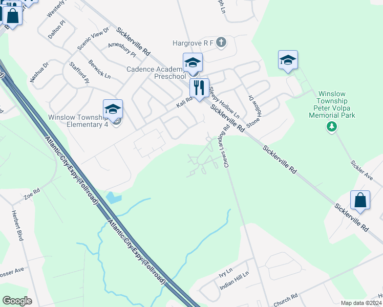 map of restaurants, bars, coffee shops, grocery stores, and more near 105 Kenwood Drive in Sicklerville