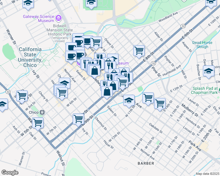 map of restaurants, bars, coffee shops, grocery stores, and more near 118 West 8th Street in Chico