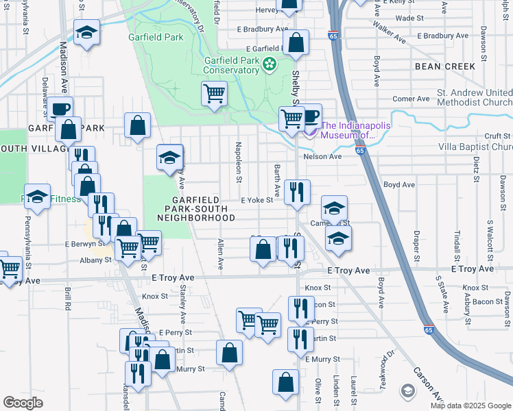 map of restaurants, bars, coffee shops, grocery stores, and more near 961 East Yoke Street in Indianapolis