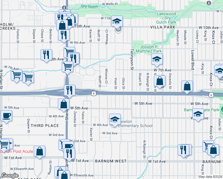 map of restaurants, bars, coffee shops, grocery stores, and more near 4625 West 6th Avenue in Denver