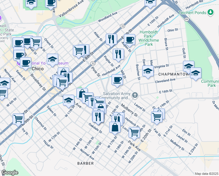 map of restaurants, bars, coffee shops, grocery stores, and more near 474 East 12th Street in Chico