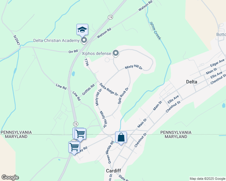 map of restaurants, bars, coffee shops, grocery stores, and more near 73 Delta Ridge Drive in Delta