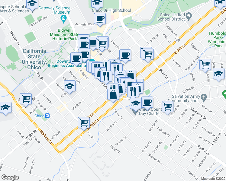 map of restaurants, bars, coffee shops, grocery stores, and more near 725 Broadway Street in Chico